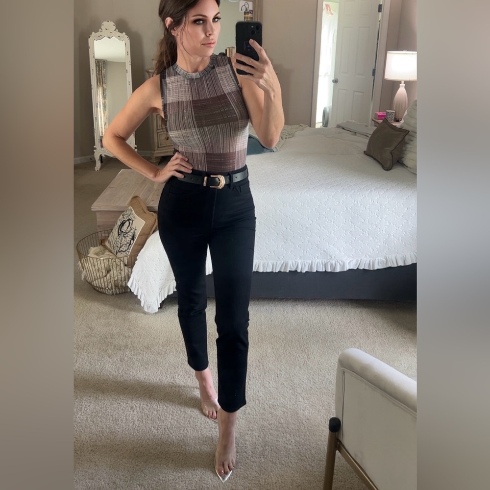 Plaid tartan sheer new express sleeveless Bodysuit — Brown Multi